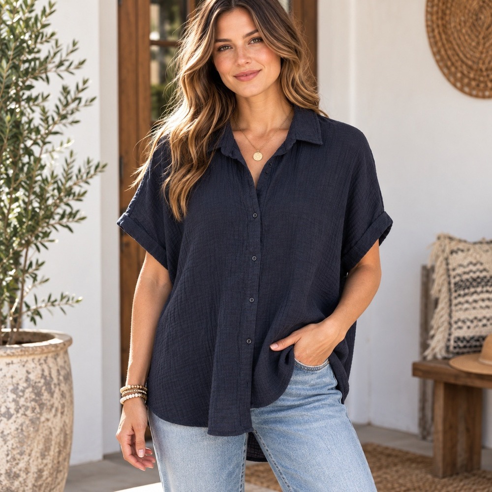 Pact Organic Coastal Double Gauze Button Down Top Black Size Large Shirt